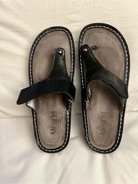 Alegria Black Leather Thong Sandals with Stitched Trim